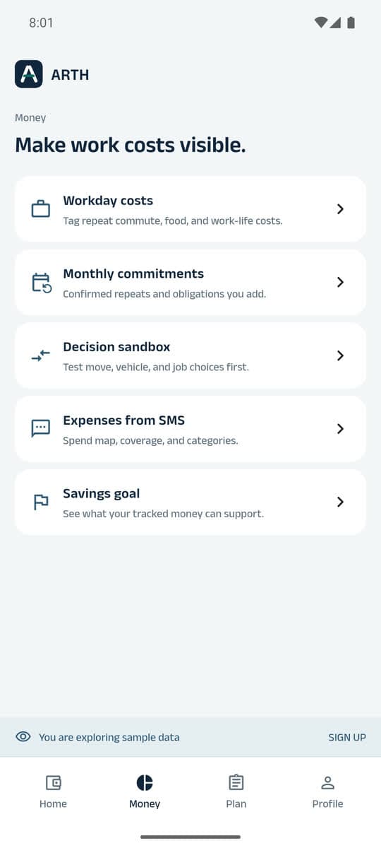ARTH money overview screen showing monthly commitments