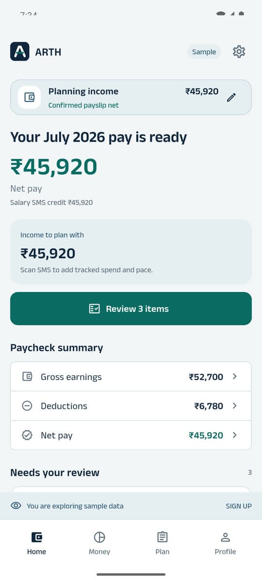 ARTH home - this month's confirmed net pay and what still needs review