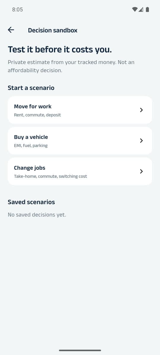 ARTH decision sandbox for testing a move, vehicle, or job change