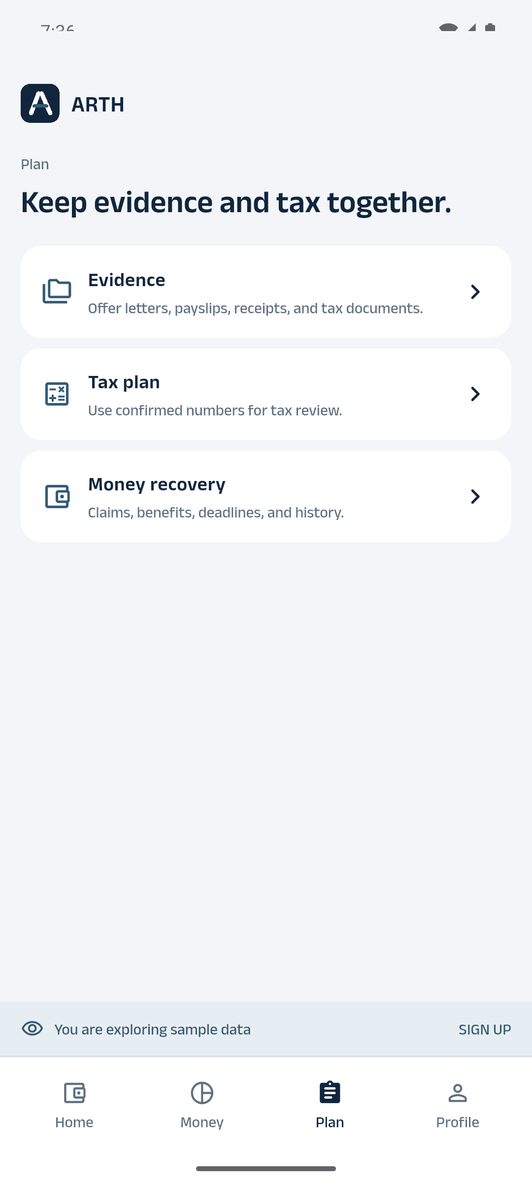 ARTH plan screen listing documents and their confirmation state