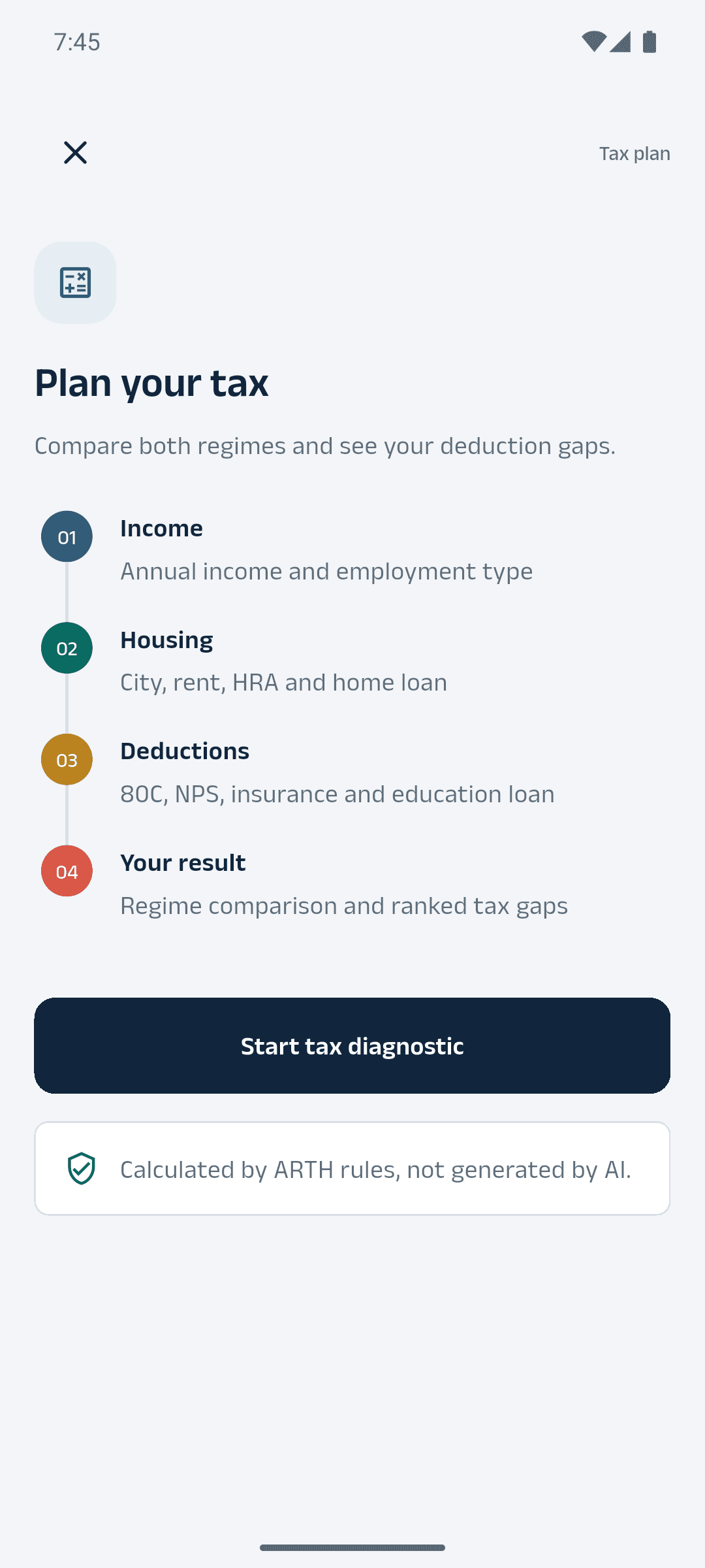 ARTH tax plan entry screen