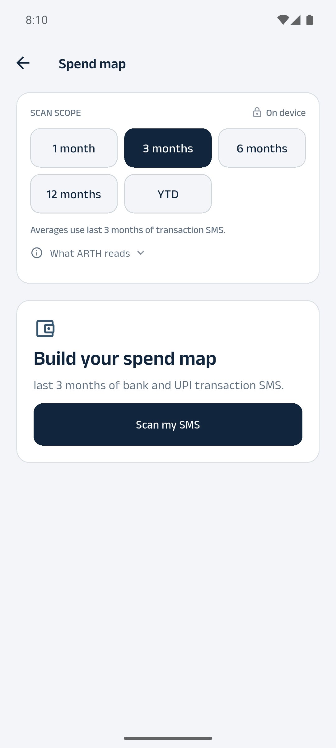 ARTH spend map built from on-device SMS parsing