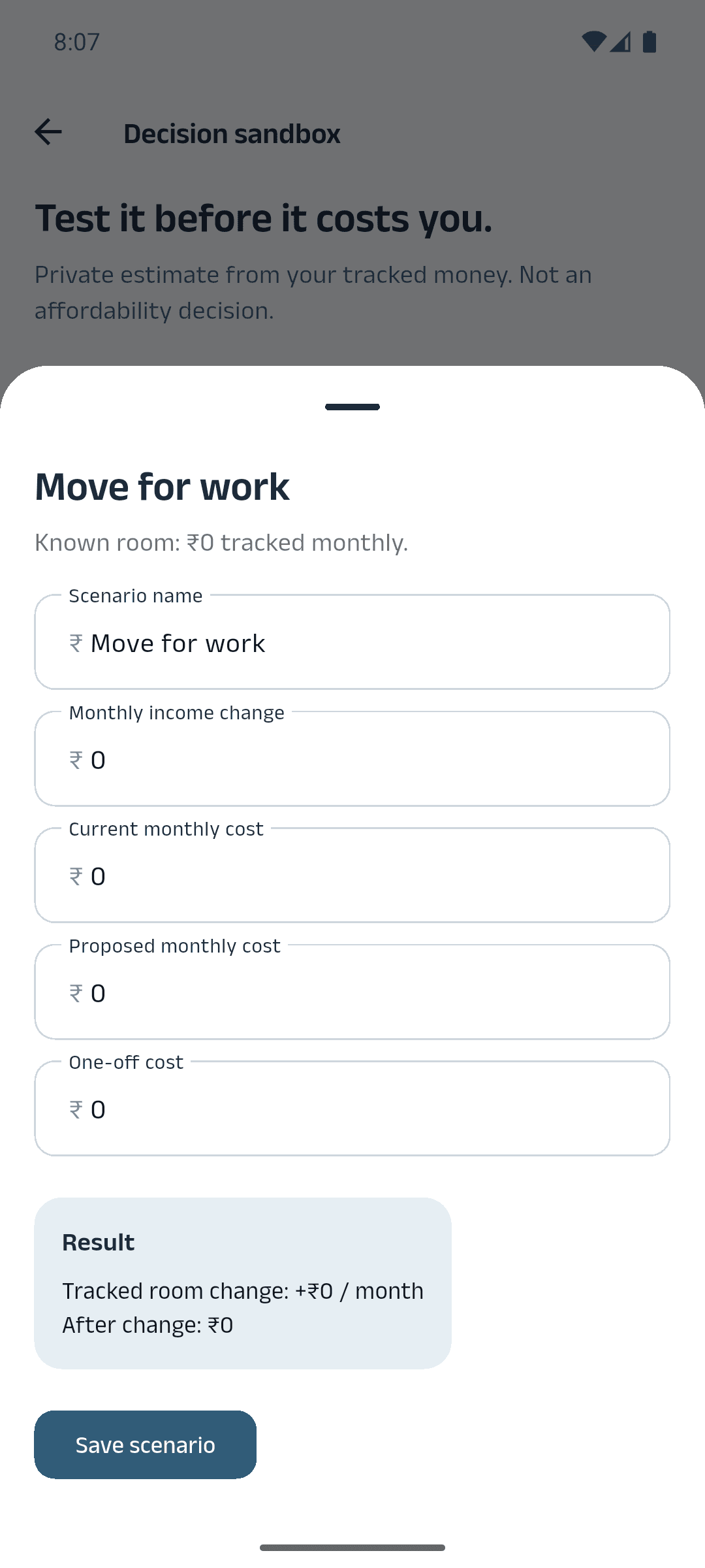 A saved decision sandbox scenario in ARTH